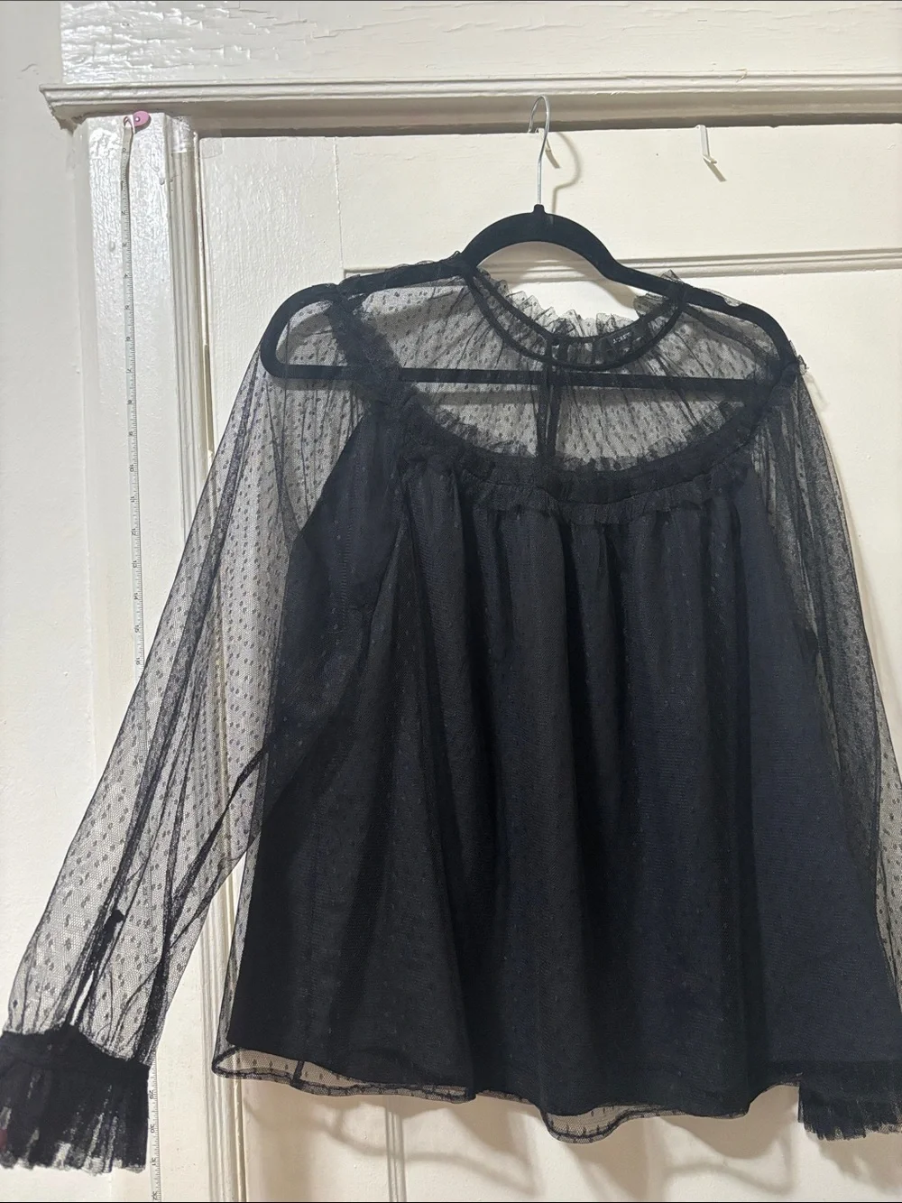 Jcrew Black Sheer Dot Mesh Blouse with Ruffle Neckline